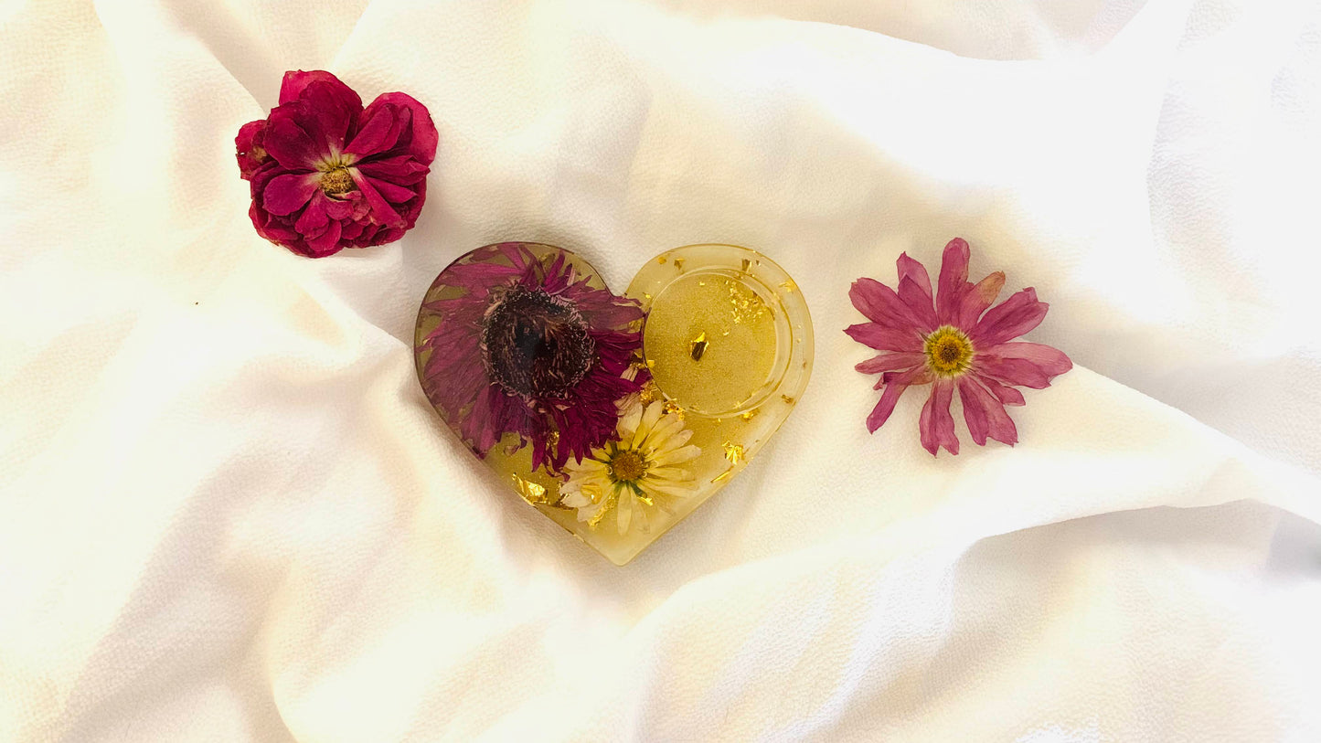 Portavela corazón, Gerbera y crisantemo, hecho a mano